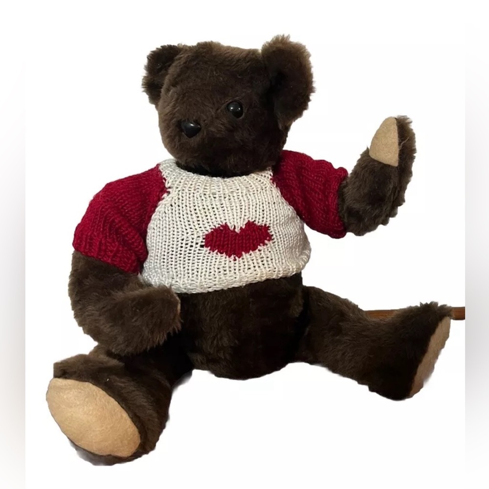 Vtg Holiday Teddy Bear Chocolate Brown Fully Jointed Posable 12”-22” valentines